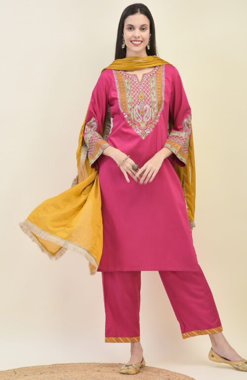 Women Poly Viscose Fuchsia Embroidered Kurta Comfort Pant Dupatta