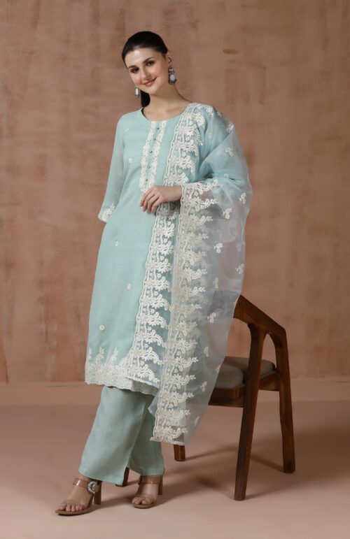 Women Linen Aqua Solid embroidered Kurta Comfort Pant Dupatta