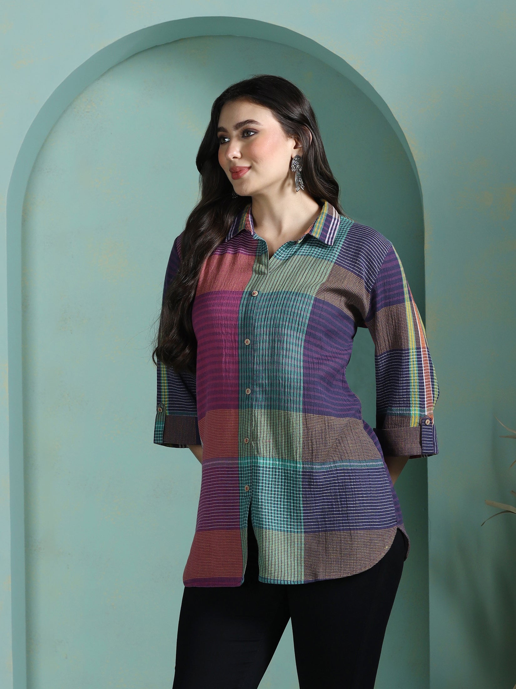 Women Cotton Multicolor Yarn Dyed Tunic - Image 3