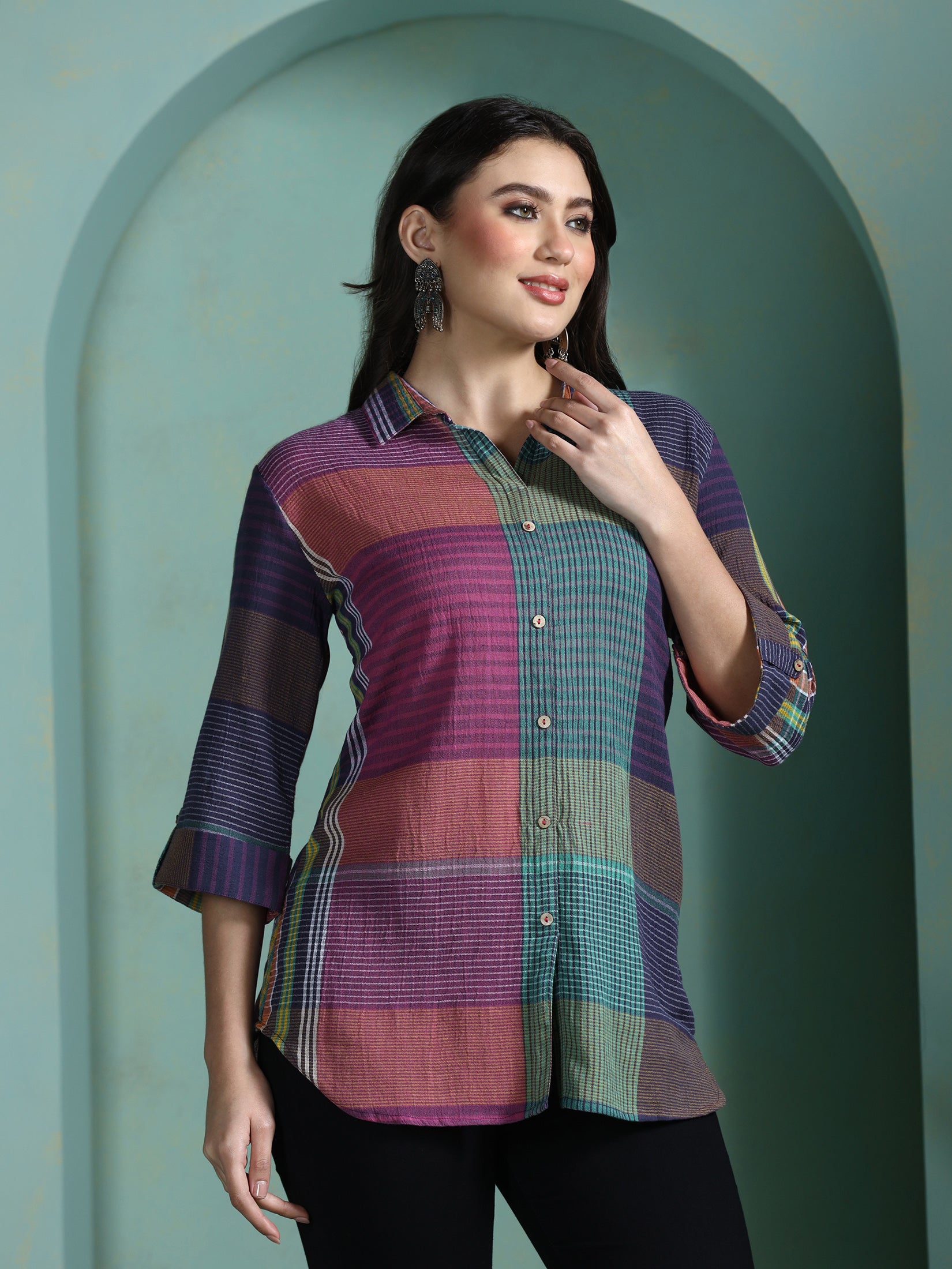 Women Cotton Multicolor Yarn Dyed Tunic - Image 4