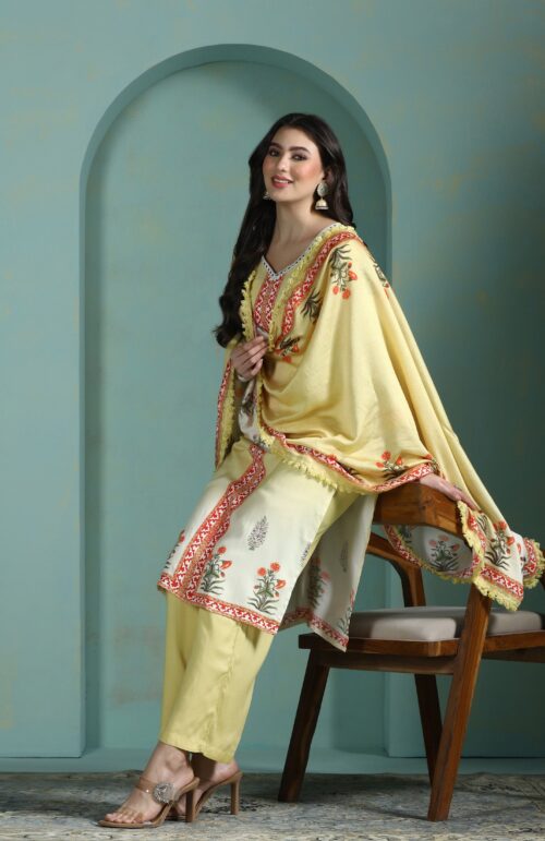 Women Liva Lime Yellow Printed Kurta Comfort Pant Dupatta