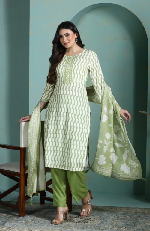 Women Liva Green Printed Kurta Comfort Pant Dupatta
