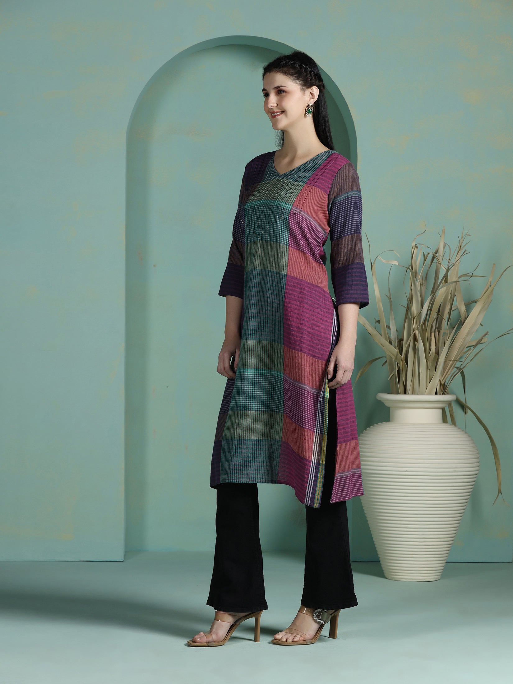 Women Cotton Multicolor Yarn Dyed Kurta - Image 3