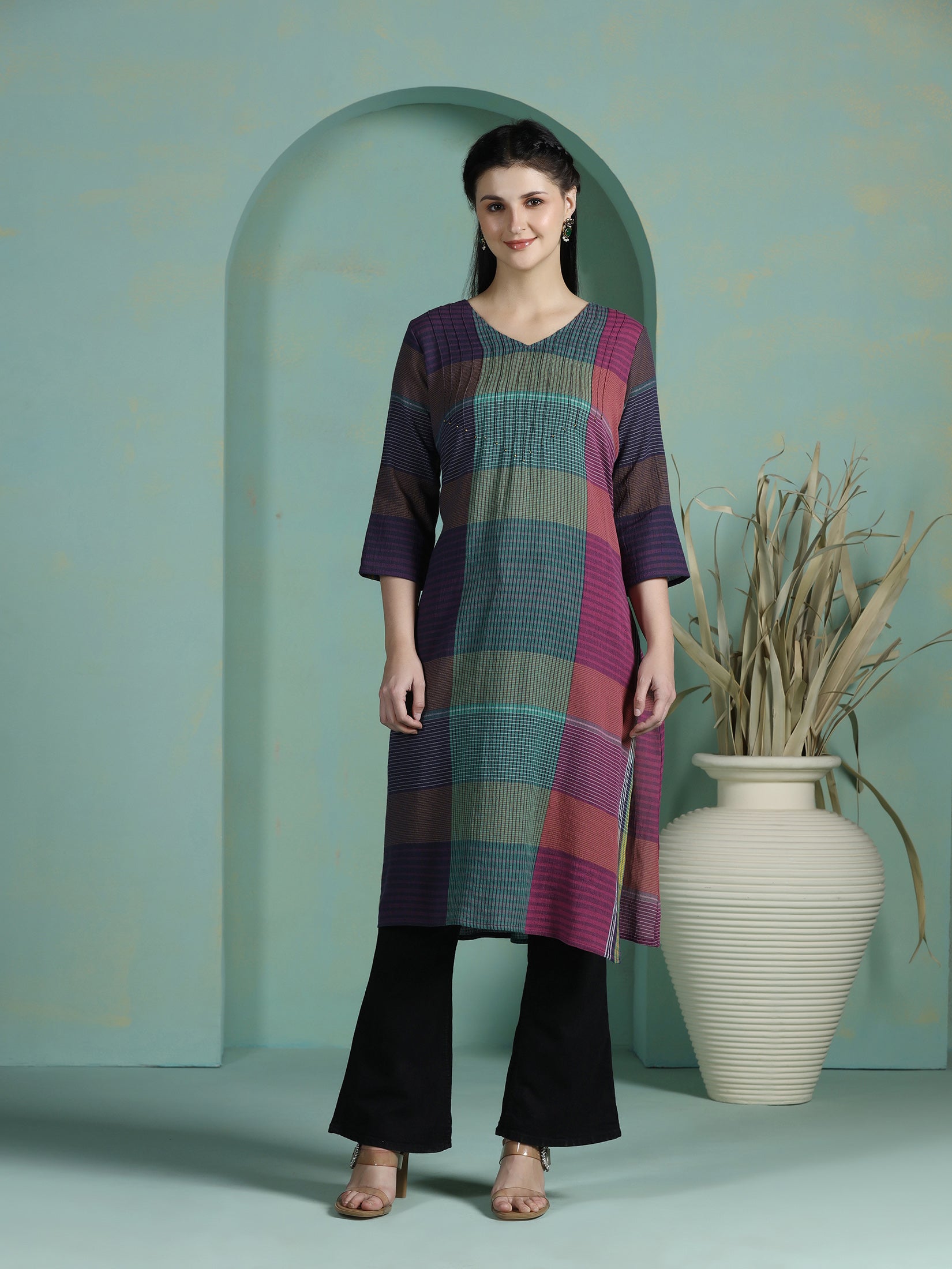 Women Cotton Multicolor Yarn Dyed Kurta - Image 5