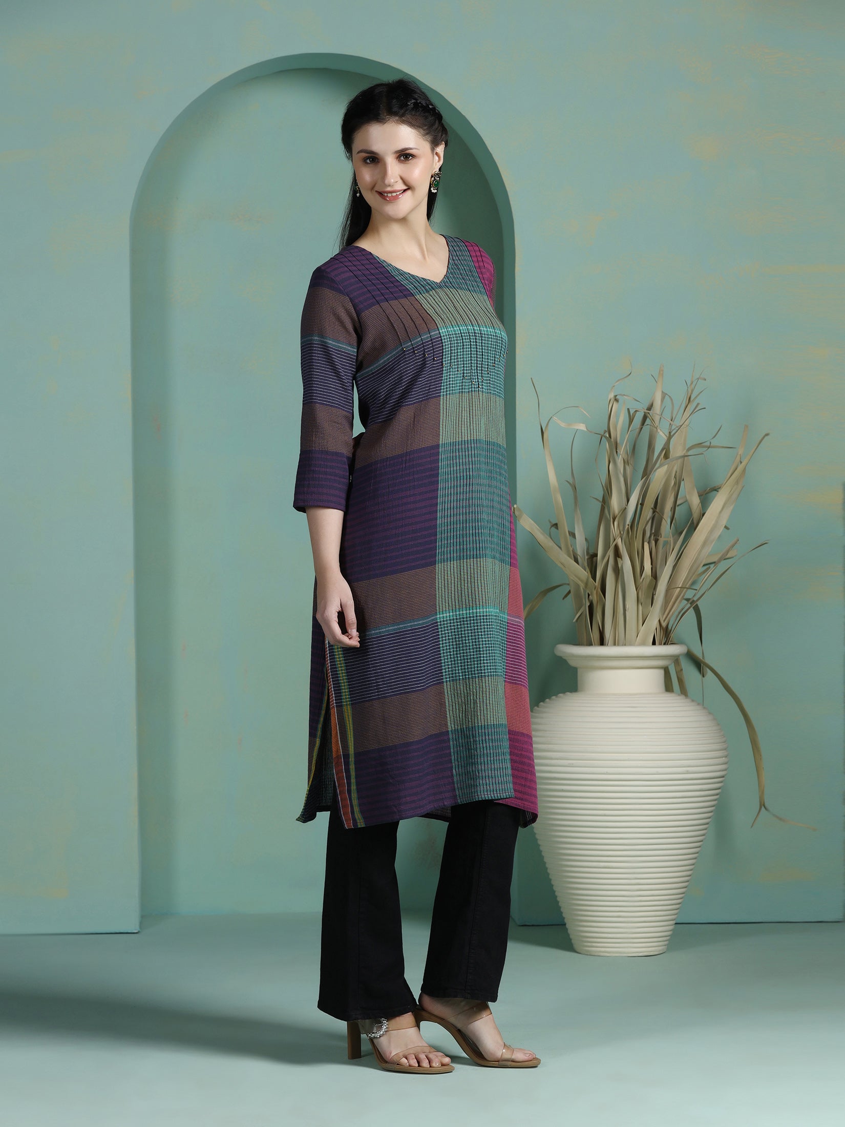 Women Cotton Multicolor Yarn Dyed Kurta - Image 4