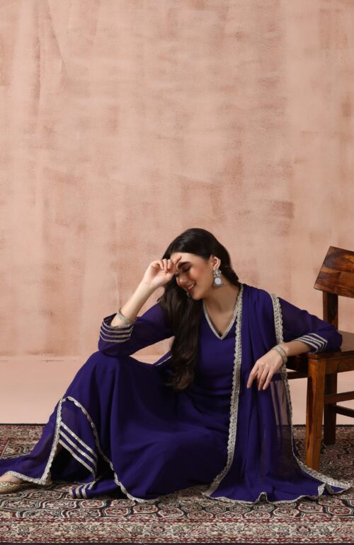 Women Georgette Purple Solid Kurta Wide Leg Pant Dupatta