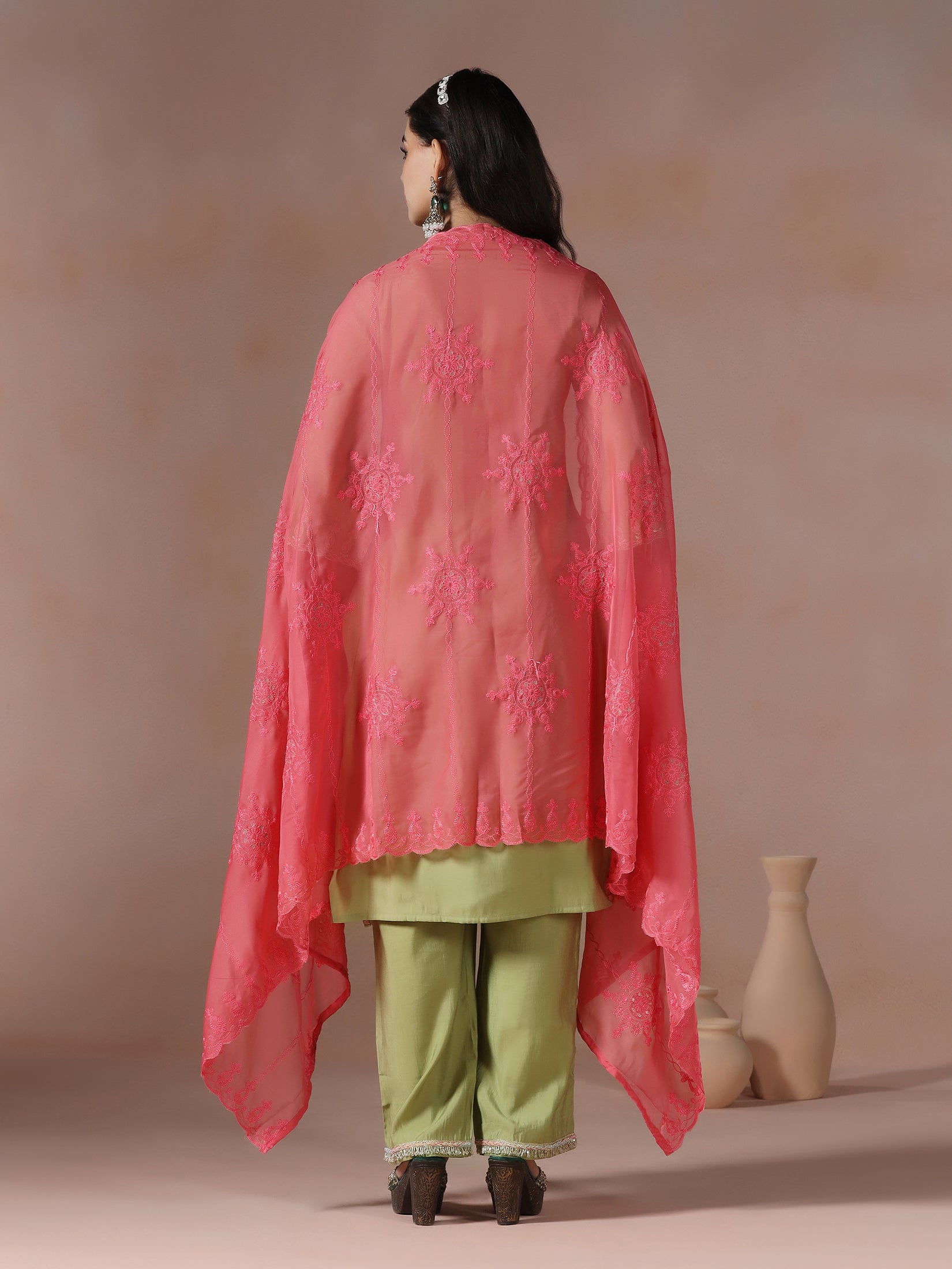Women Chanderi Green Embroidered Kurta Comfort Pant Dupatta - Image 2