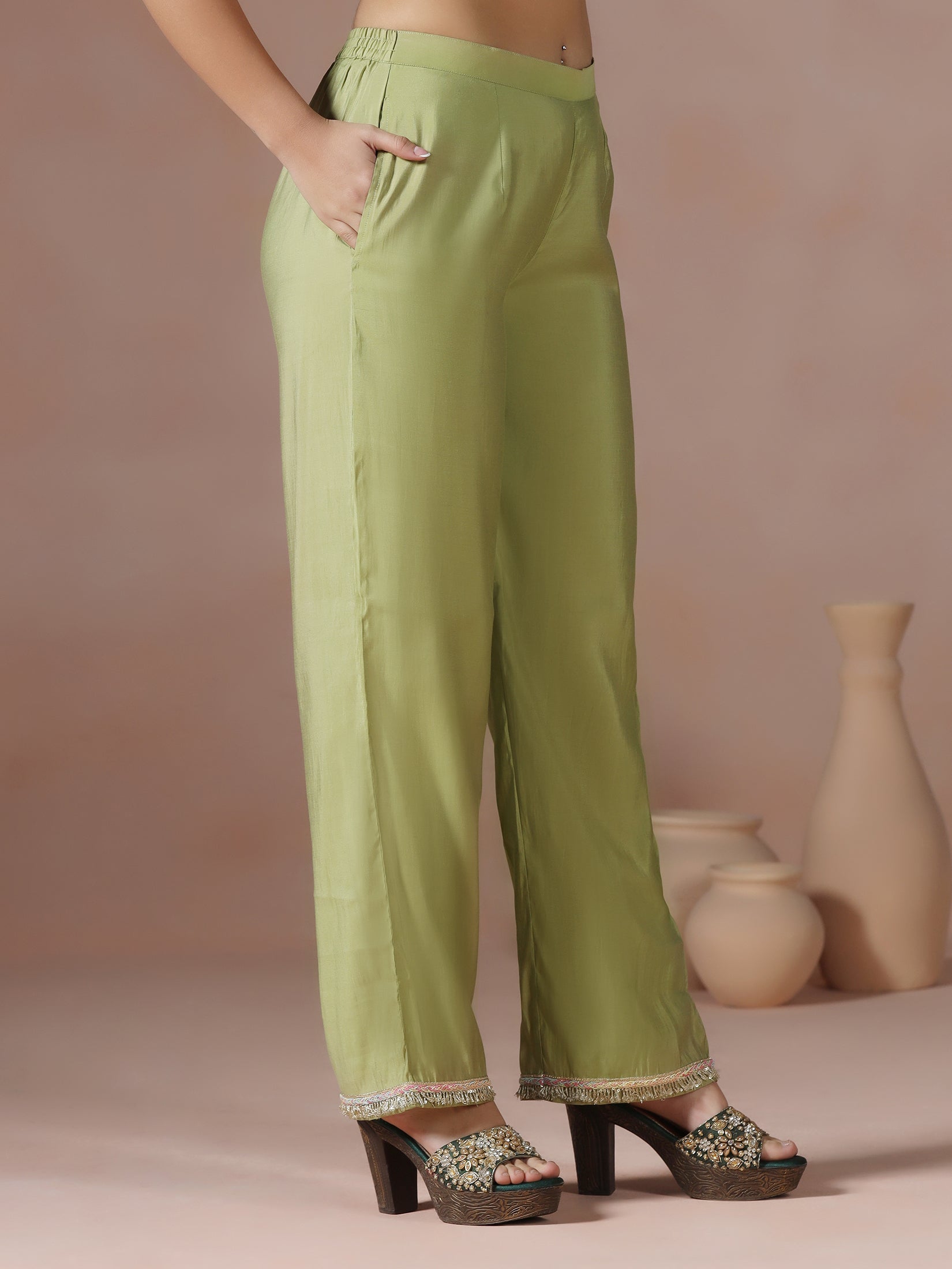 Women Chanderi Green Embroidered Kurta Comfort Pant Dupatta - Image 7