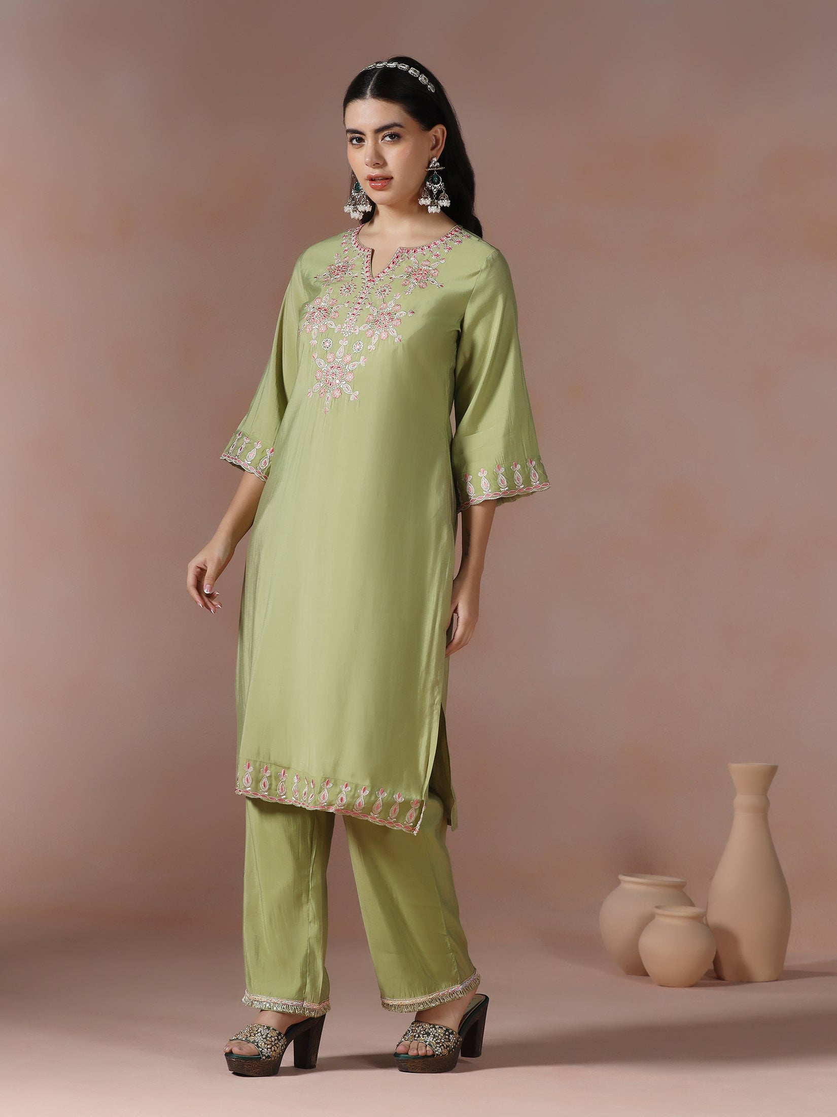Women Chanderi Green Embroidered Kurta Comfort Pant Dupatta - Image 6