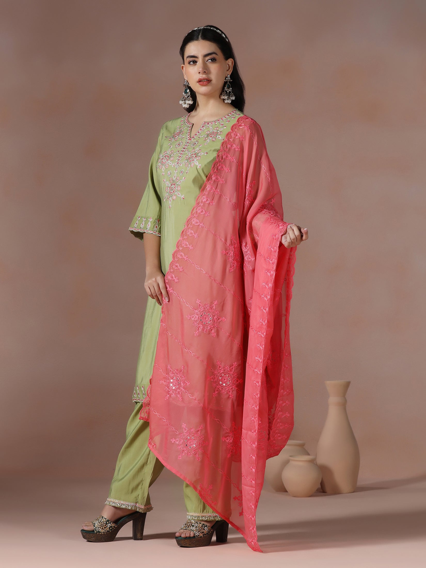 Women Chanderi Green Embroidered Kurta Comfort Pant Dupatta - Image 3