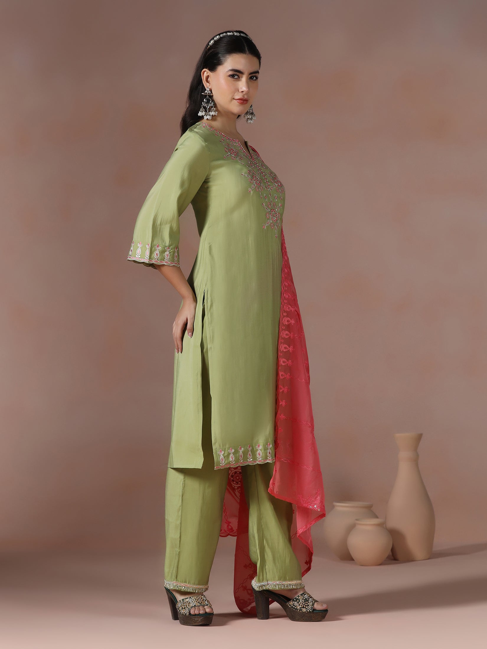 Women Chanderi Green Embroidered Kurta Comfort Pant Dupatta - Image 4