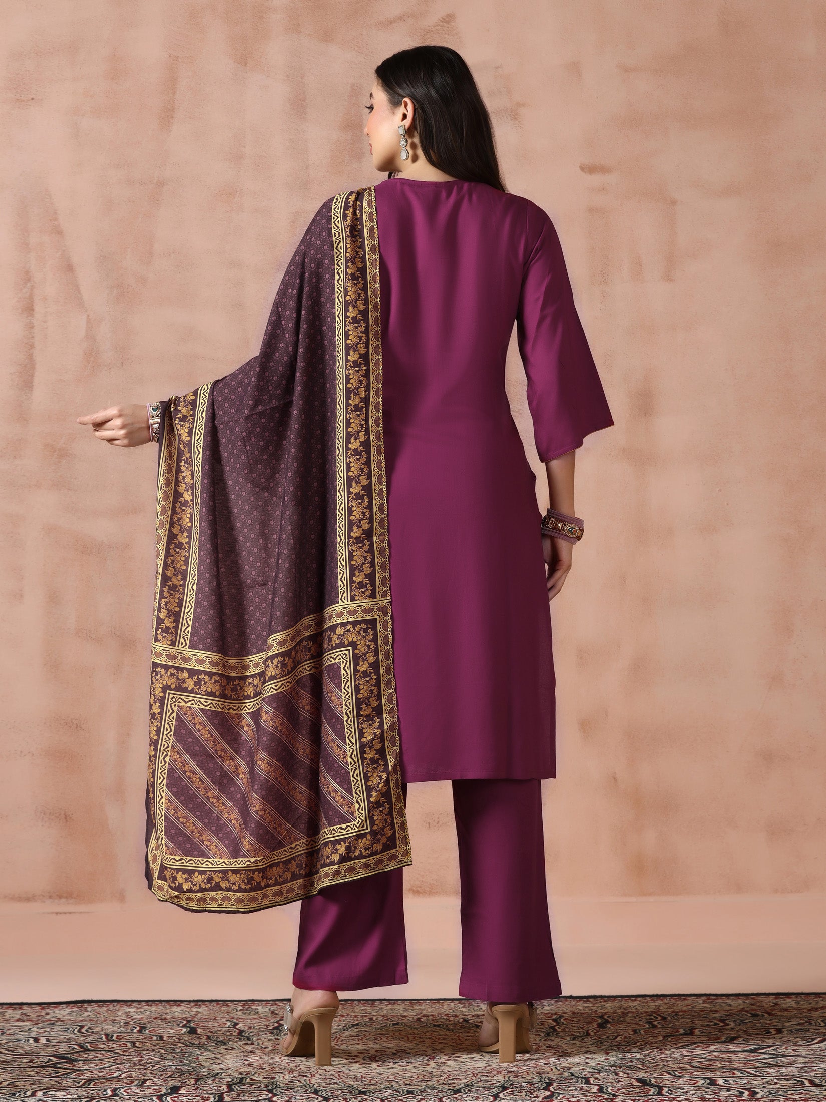 Women Liva Rayon Purple Solid Kurta Comfort Pant with Printed Chanderi Dupatta - Image 2