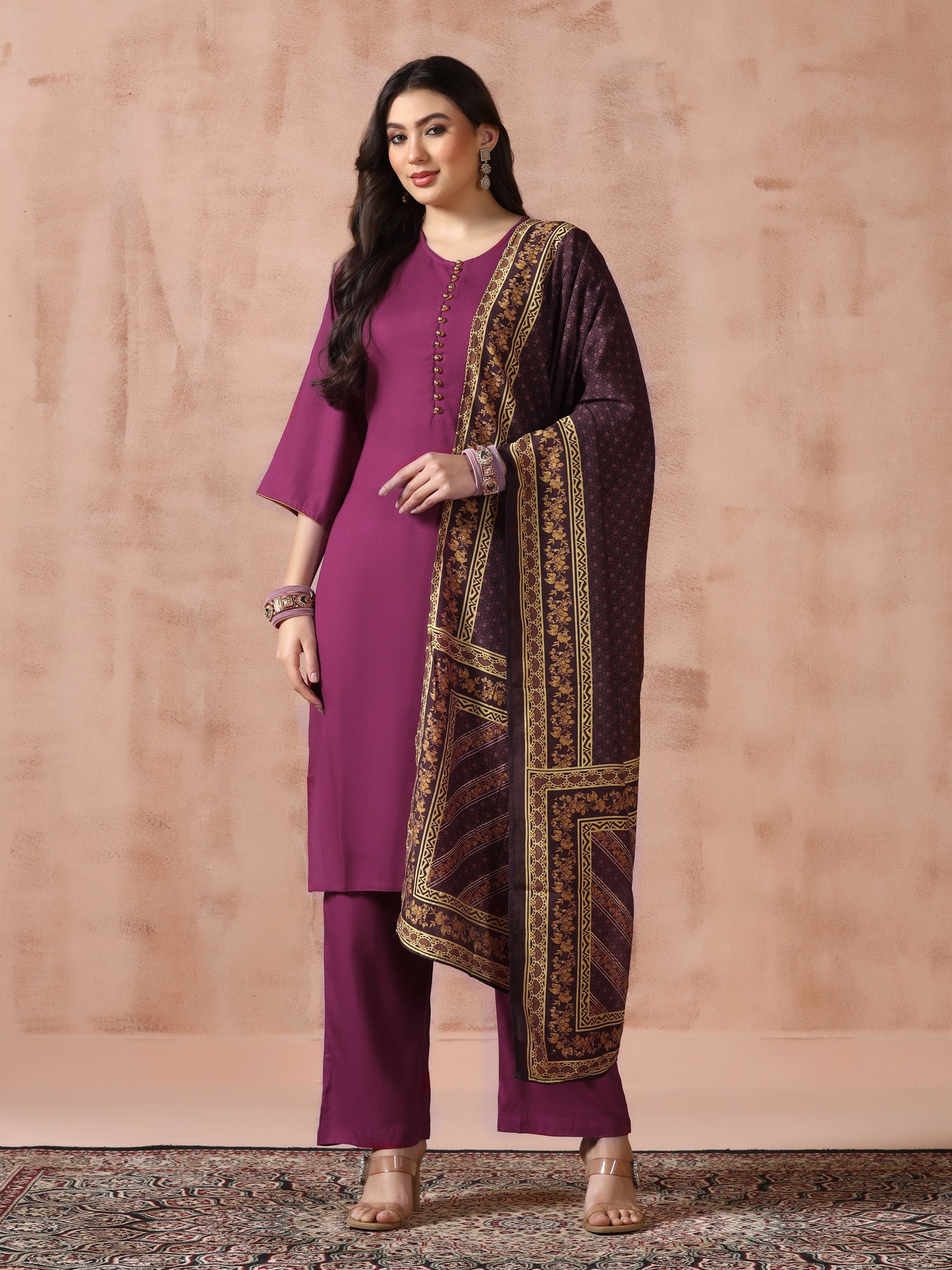 Women Liva Rayon Purple Solid Kurta Comfort Pant with Printed Chanderi Dupatta - Image 5