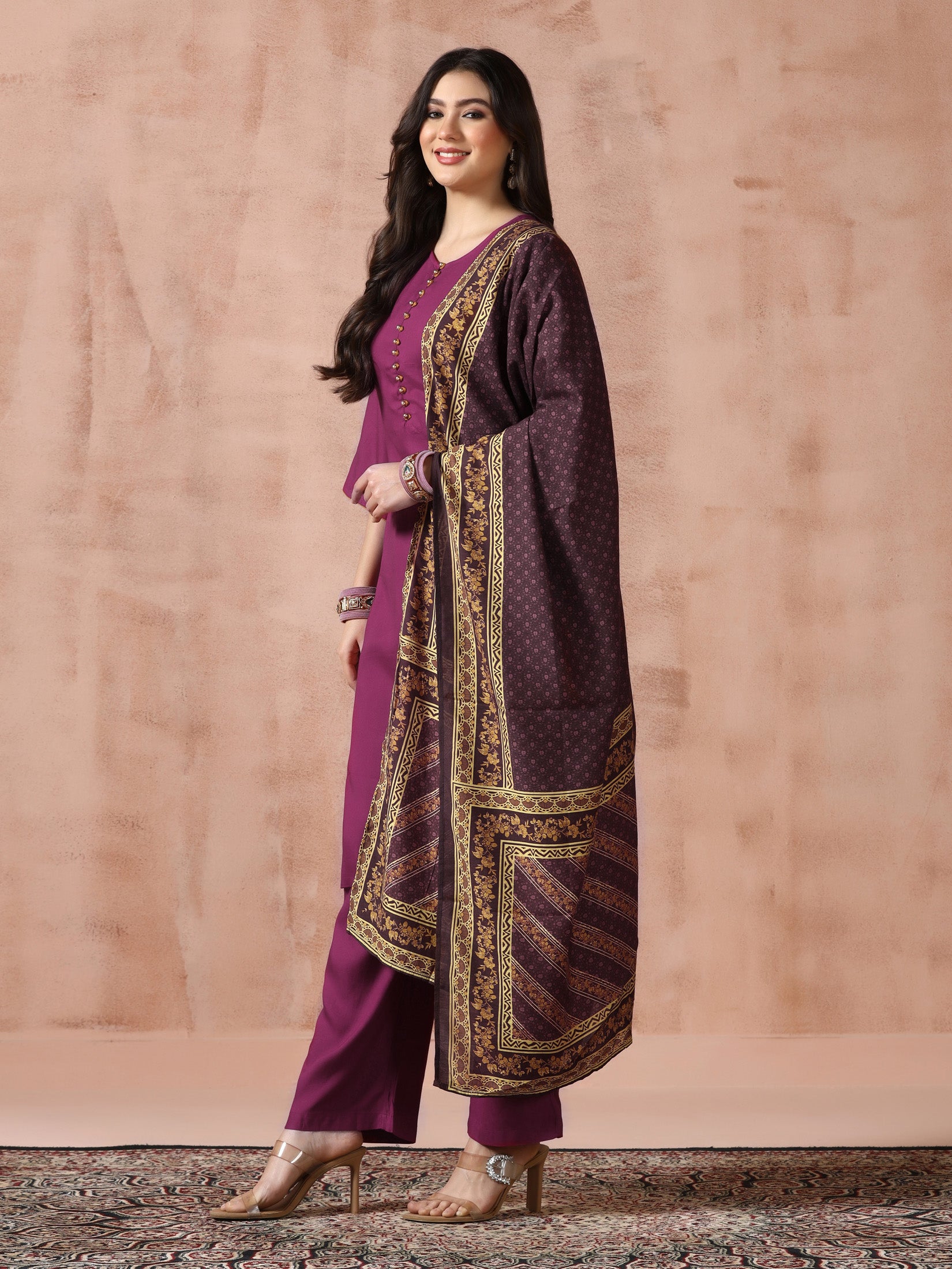 Women Liva Rayon Purple Solid Kurta Comfort Pant with Printed Chanderi Dupatta - Image 3