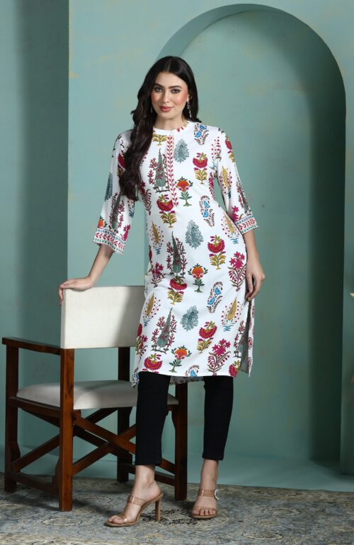 Women Liva Off White Printed Kurta