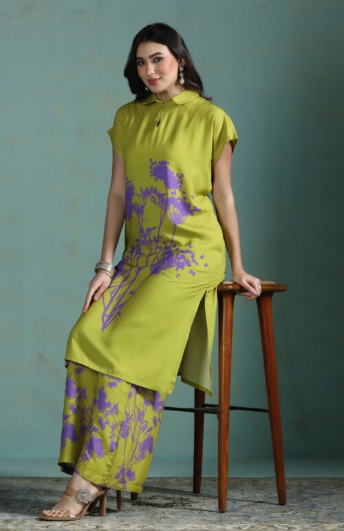 Women Liva Green Printed Kurta With Wide Leg Pant