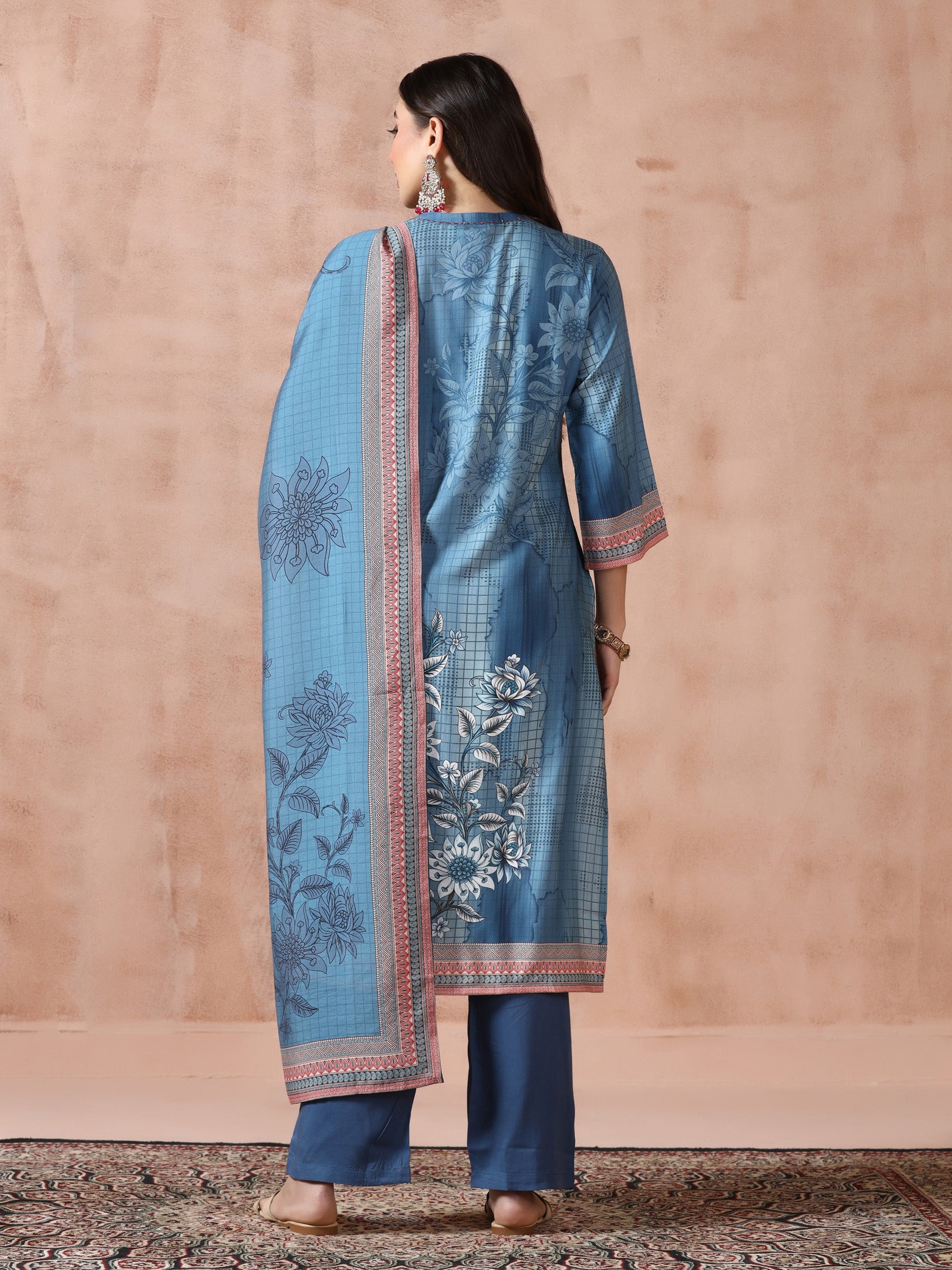 Women Liva Blue Printed Kurta Comfort Pant Dupatta - Image 2