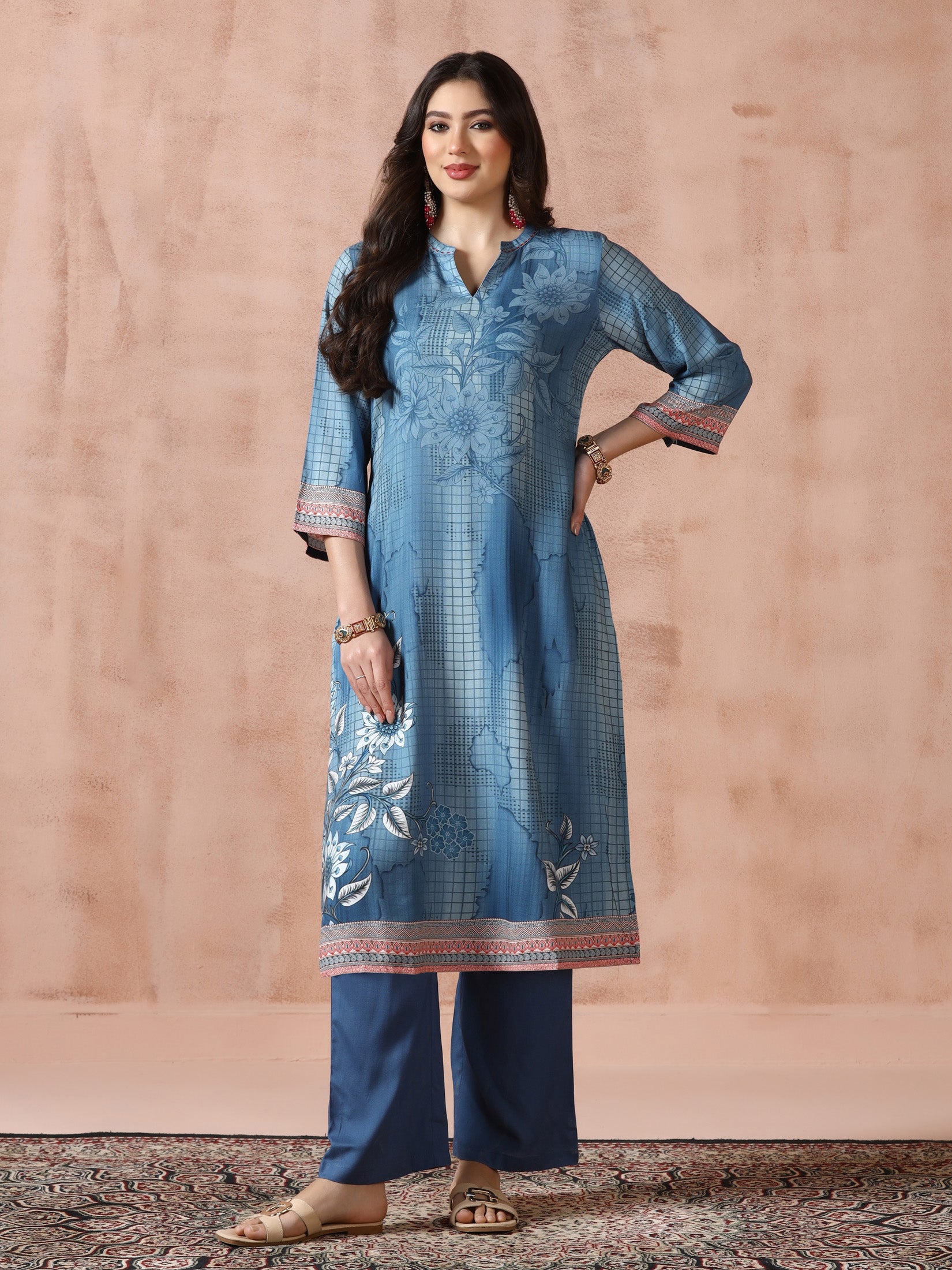 Women Liva Blue Printed Kurta Comfort Pant Dupatta - Image 6