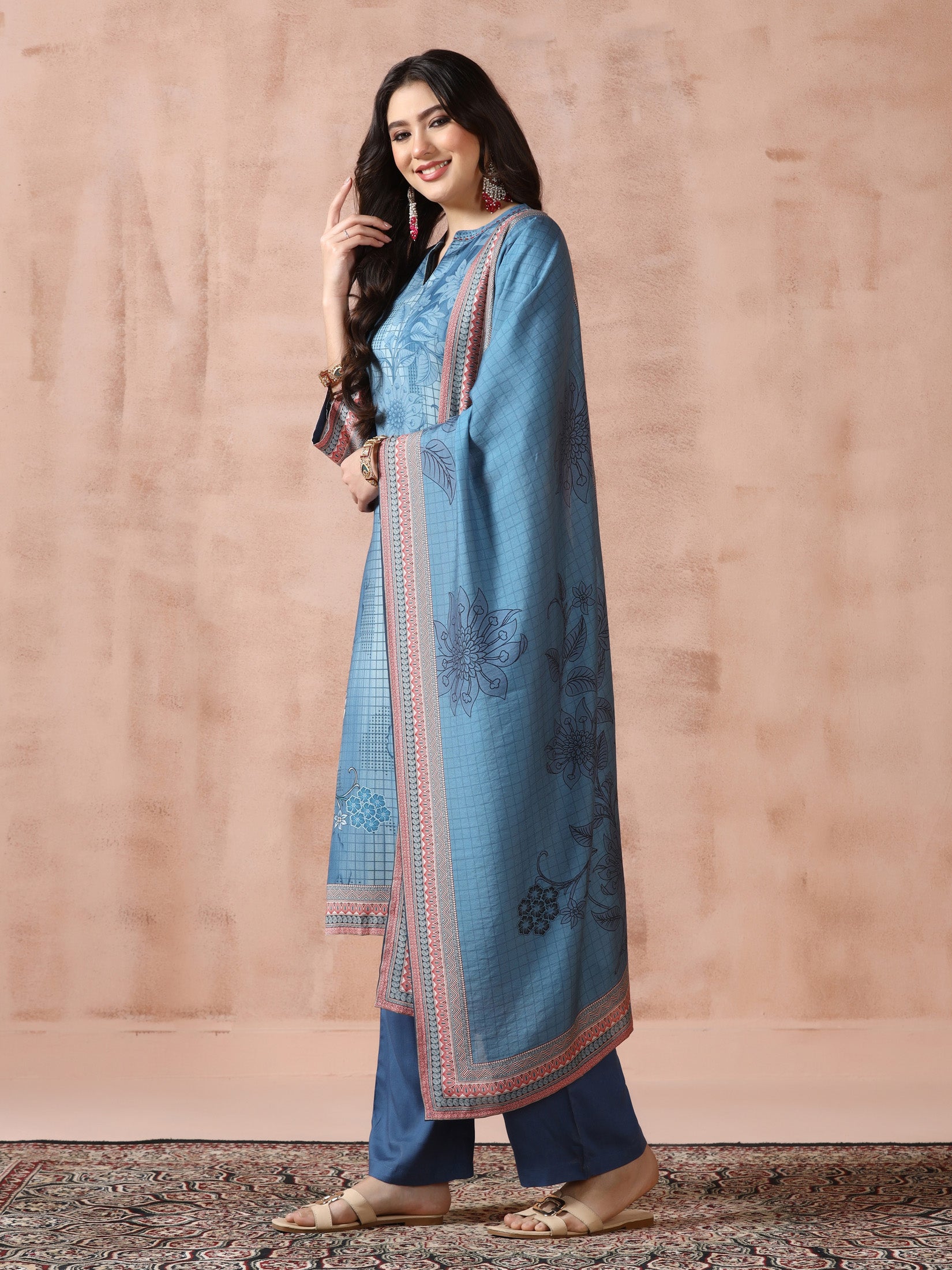 Women Liva Blue Printed Kurta Comfort Pant Dupatta - Image 3