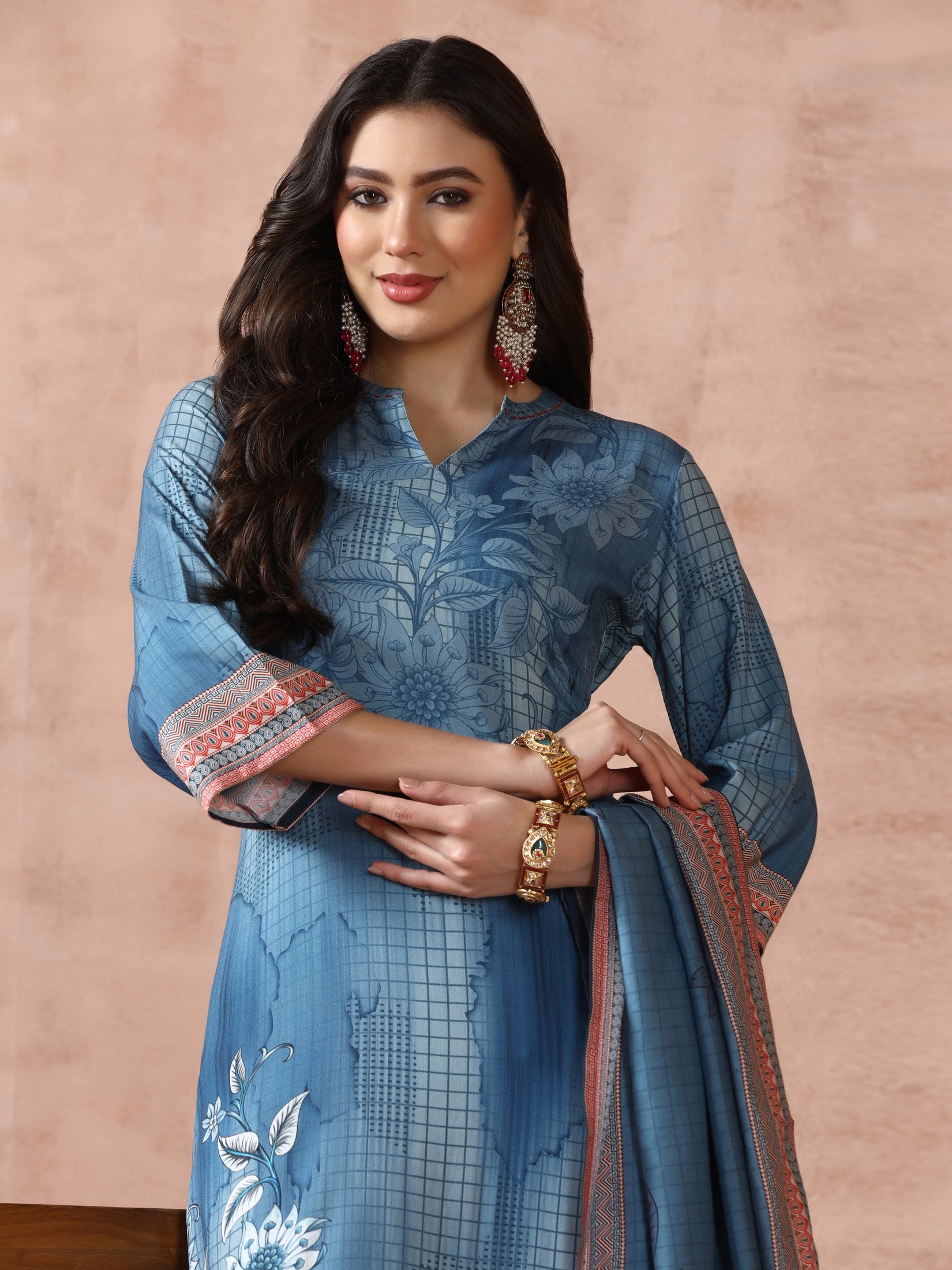 Women Liva Blue Printed Kurta Comfort Pant Dupatta - Image 8