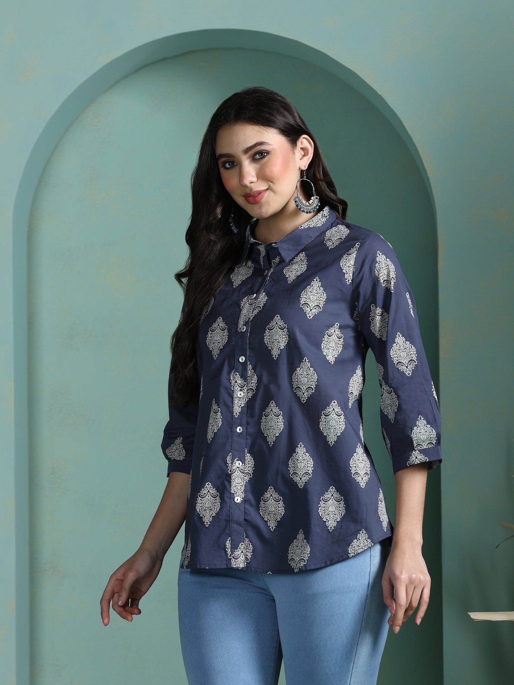 Women Cotton Grey Printed Tunic - Image 3