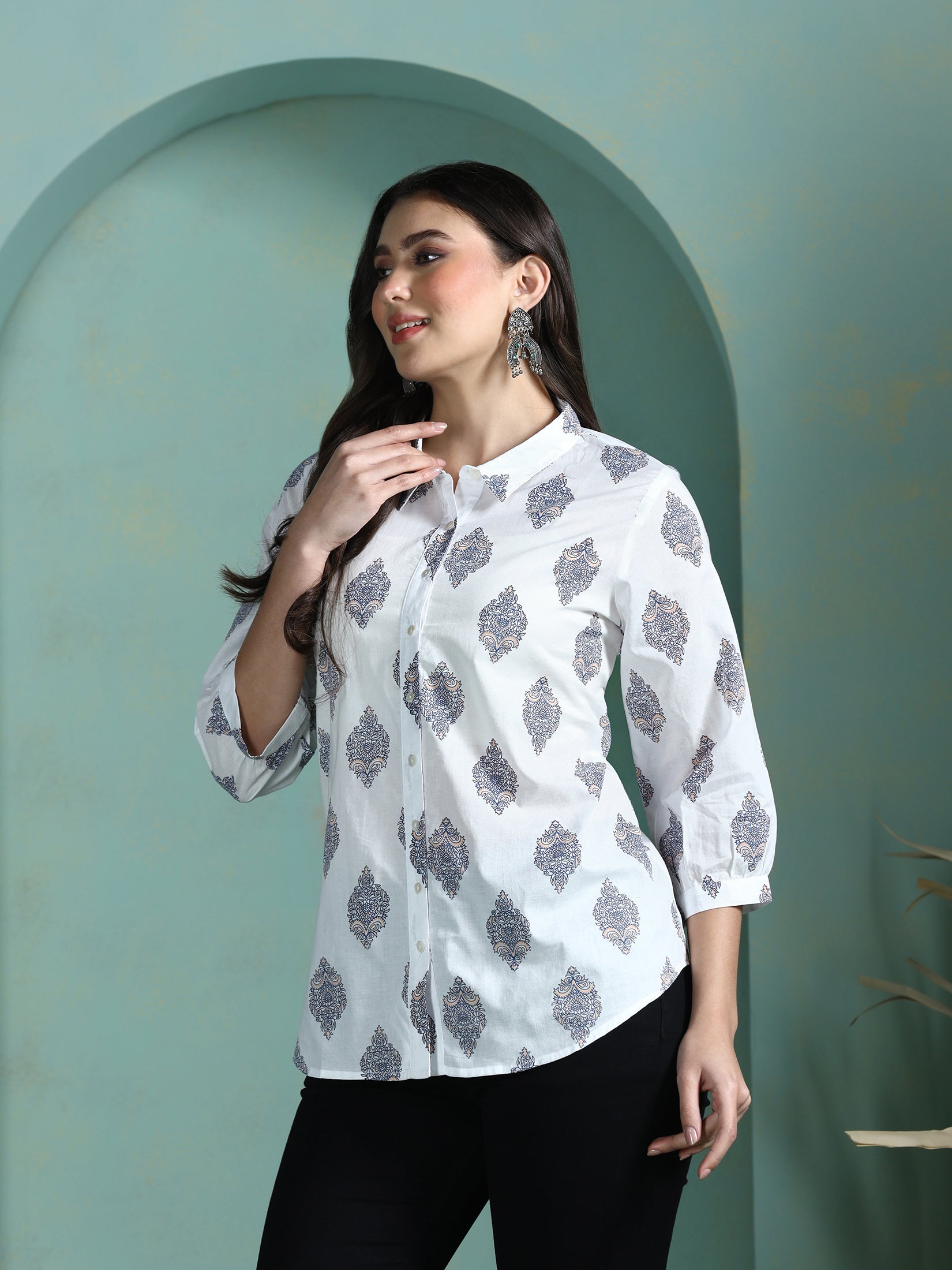 Women Cotton White Printed Tunic - Image 3