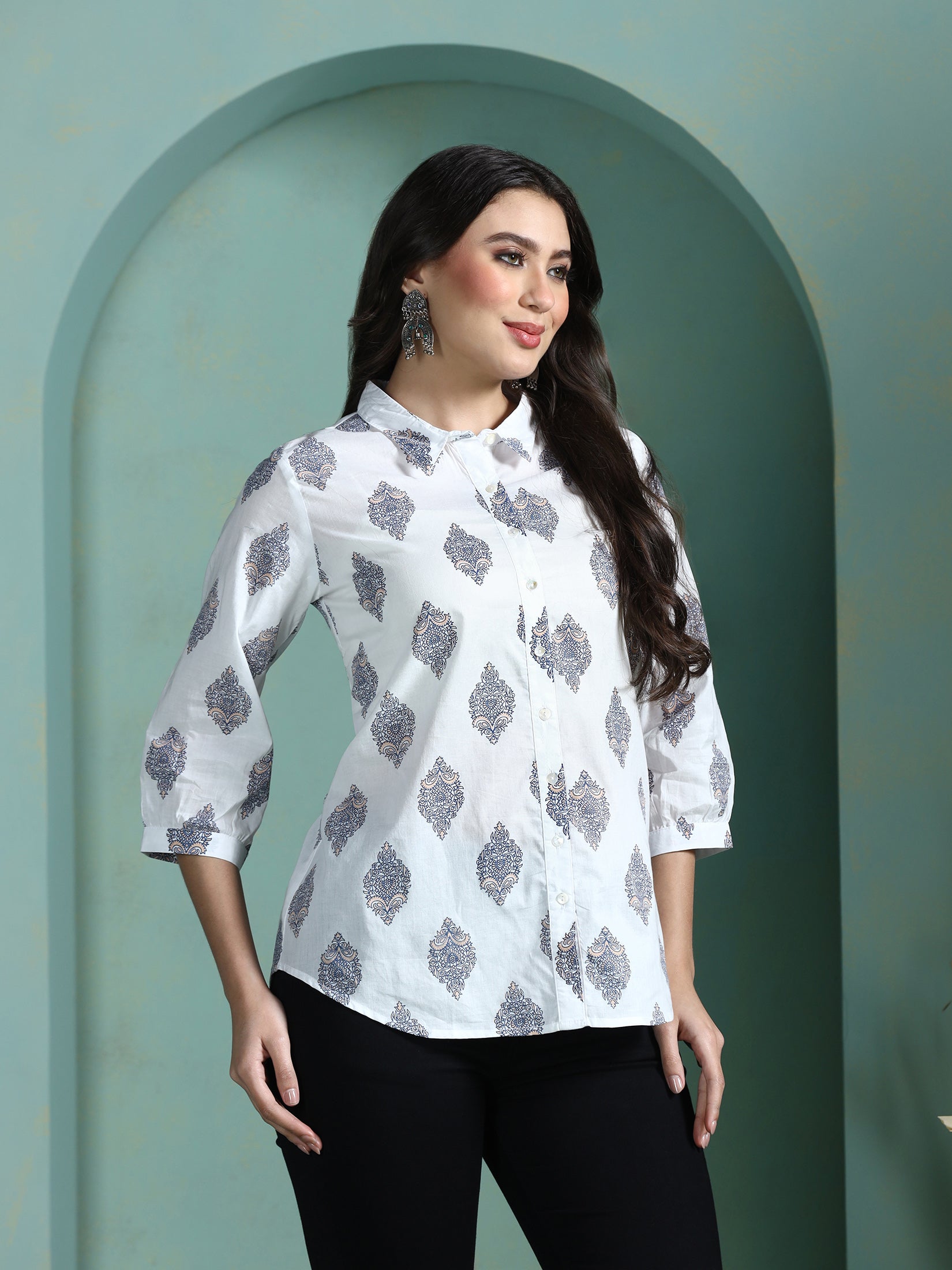 Women Cotton White Printed Tunic - Image 4
