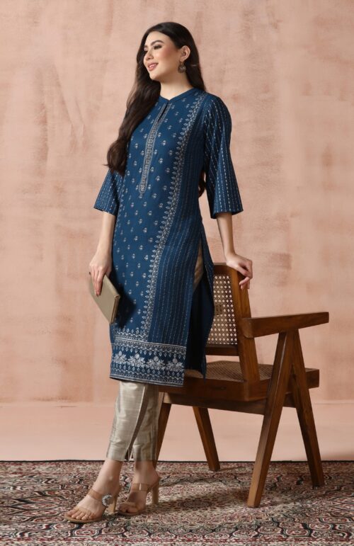 Women Blue Live Rayon Placement Print Kurta