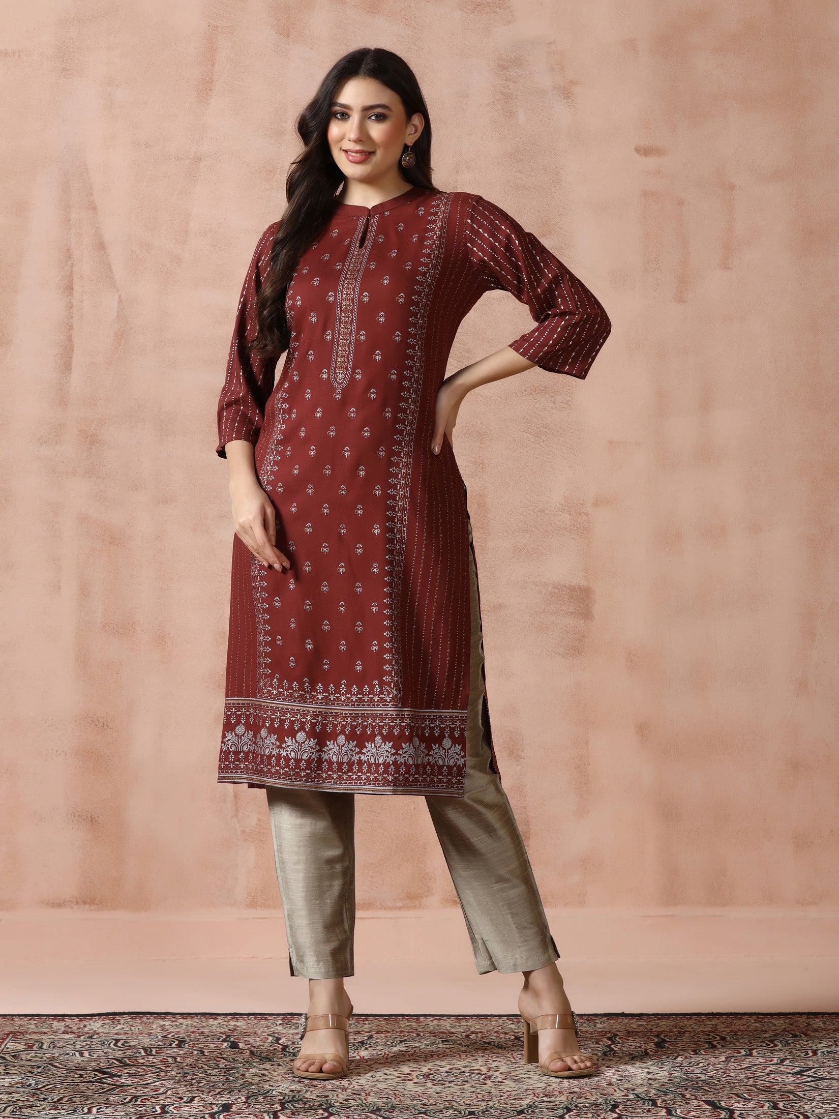 Women Liva Brown Placement Print Kurta - Image 6