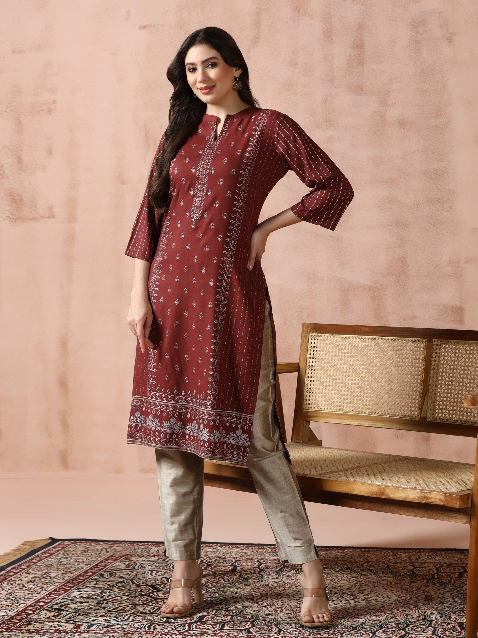 Women Liva Brown Placement Print Kurta
