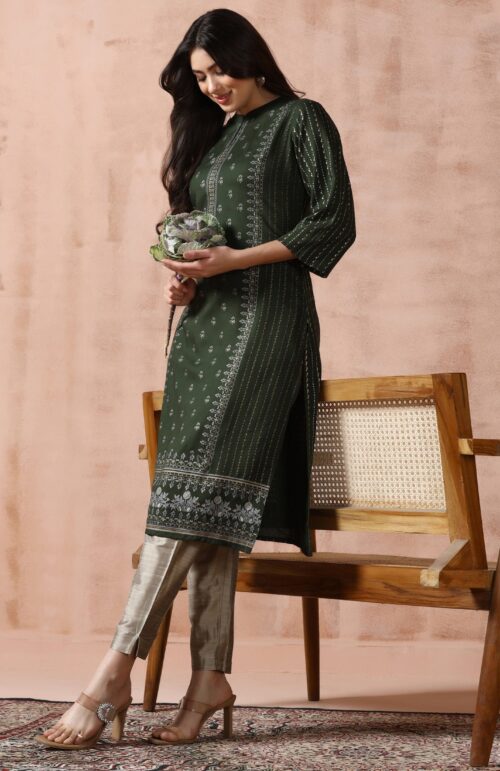 Women Liva Green Placement Print Kurta