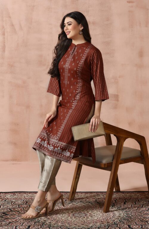 Women Liva Rust Placement Print Kurta