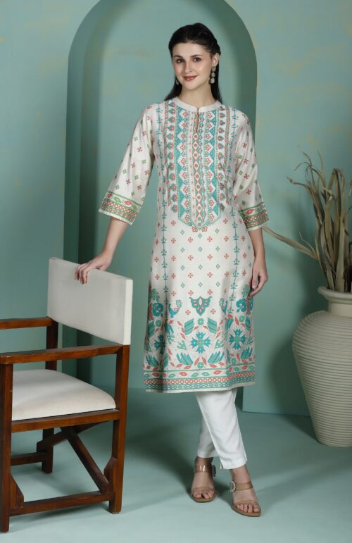 Women Liva Cream Placement Print Kurta