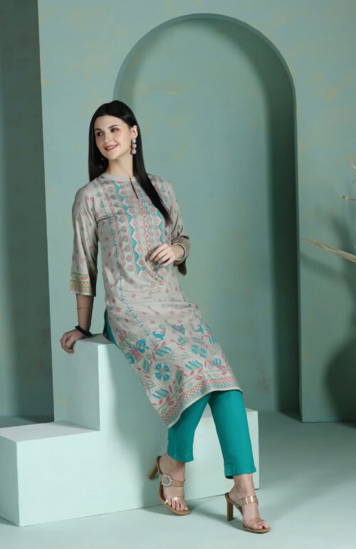 Women Liva Grey Placement Print Kurta