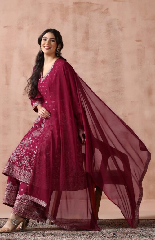 Women Chanderi Fuchsia Printed Kurta Comfort Pant Dupatta