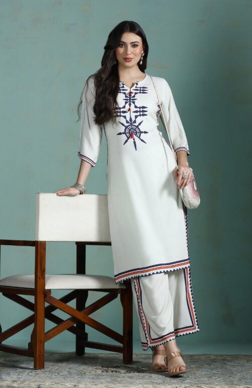 Women Liva Cream Printed Kurta With Comfort Pant