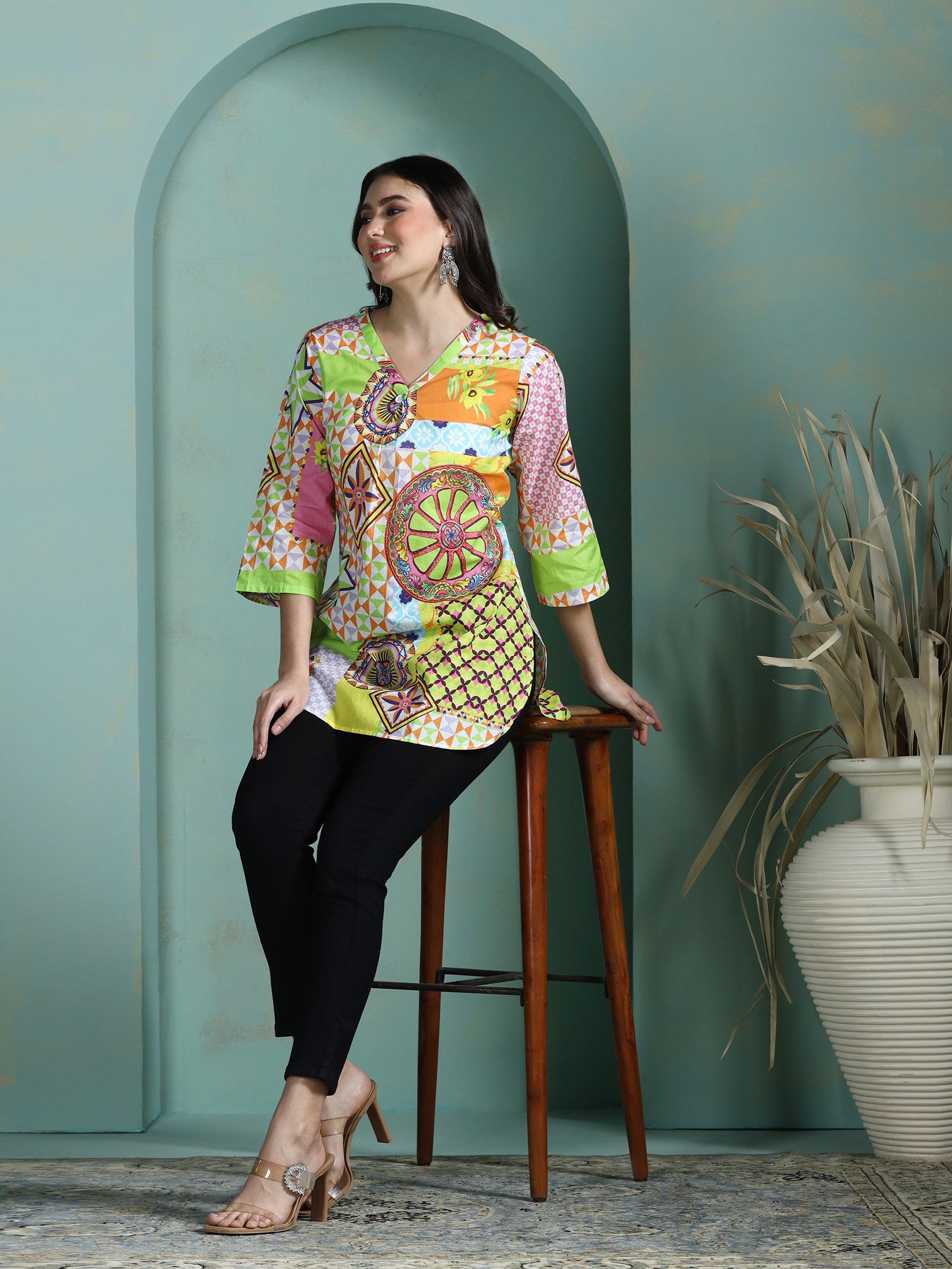 Women Cotton Multicolor Printed Tunic