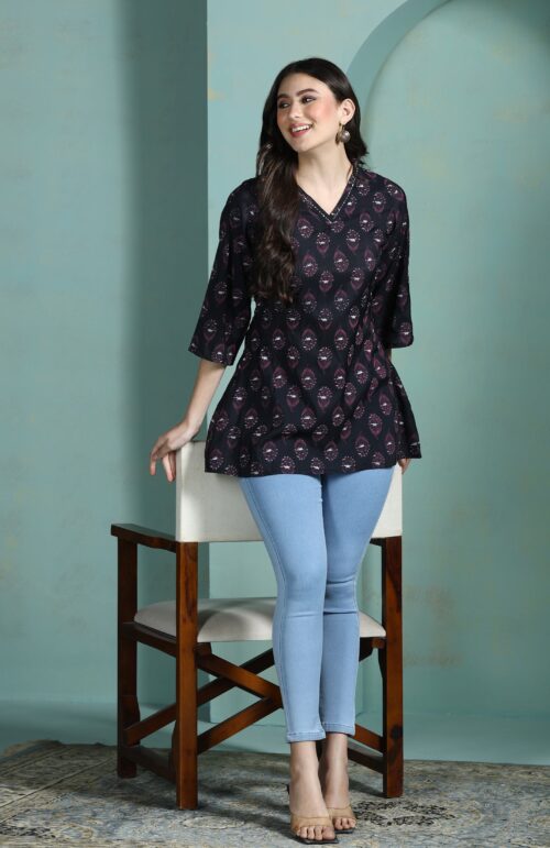 Women Chanderi Black Printed Tunic