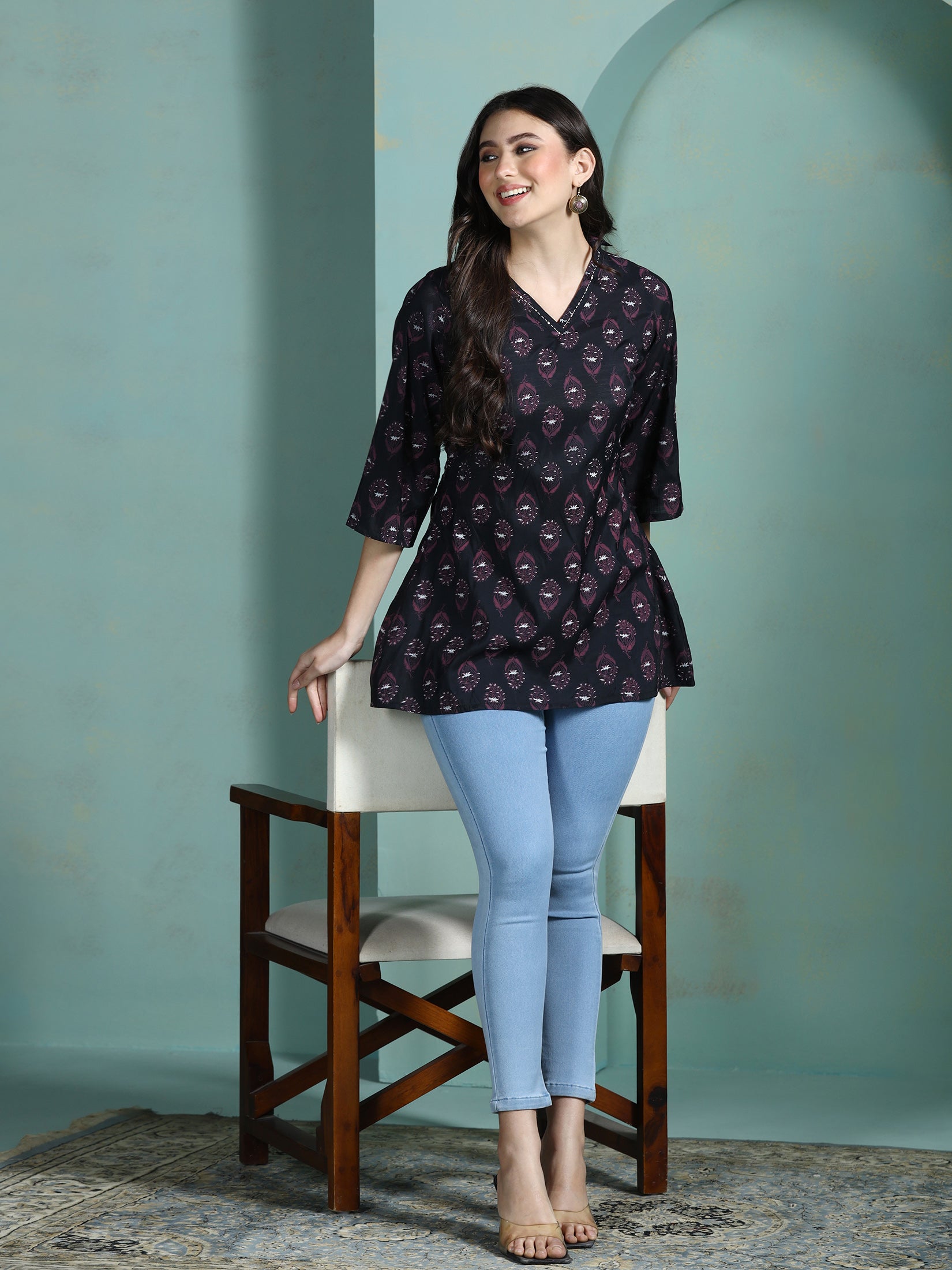 Women Chanderi Black Printed Tunic
