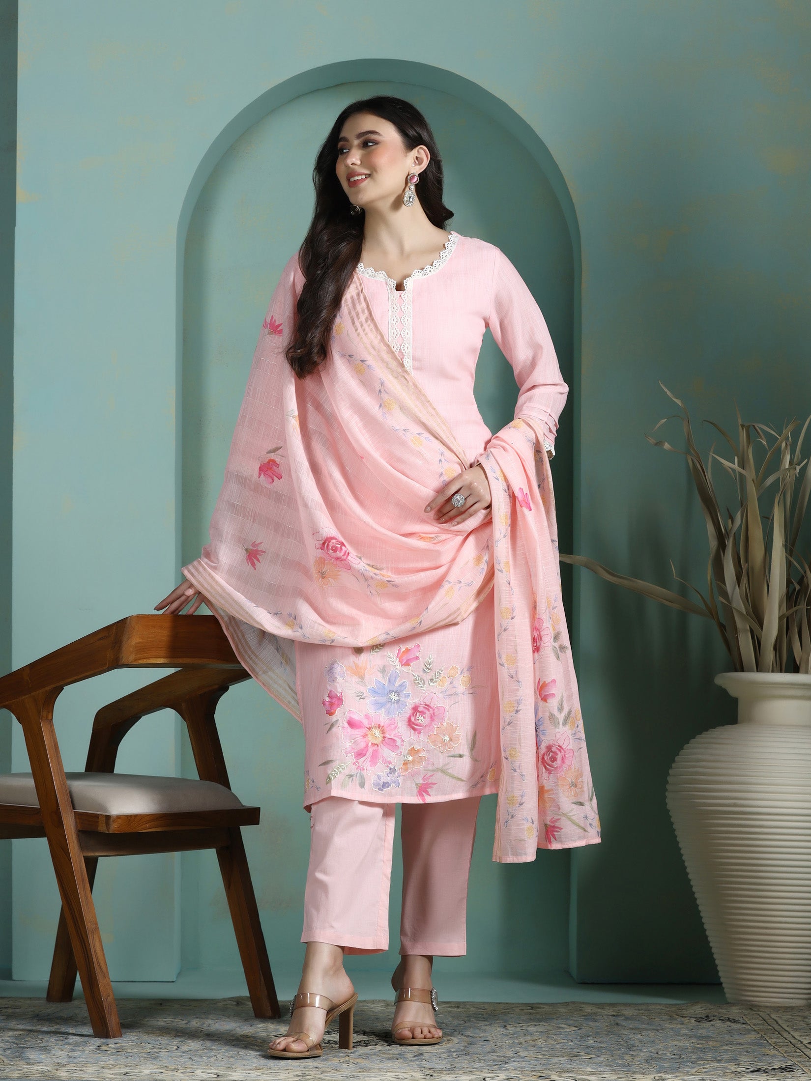 Women Linen Pink Solid Kurta Comfort Pant Dupatta