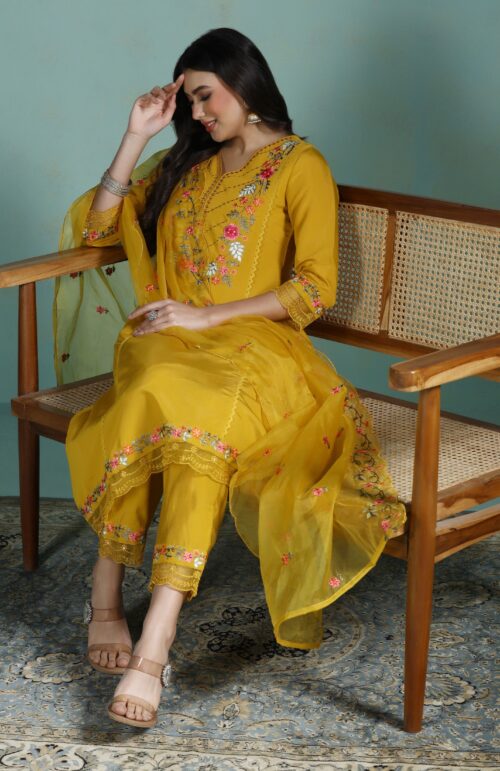 Women Silk Blend Mustard Embroidered Kurta Comfort Pant Dupatta