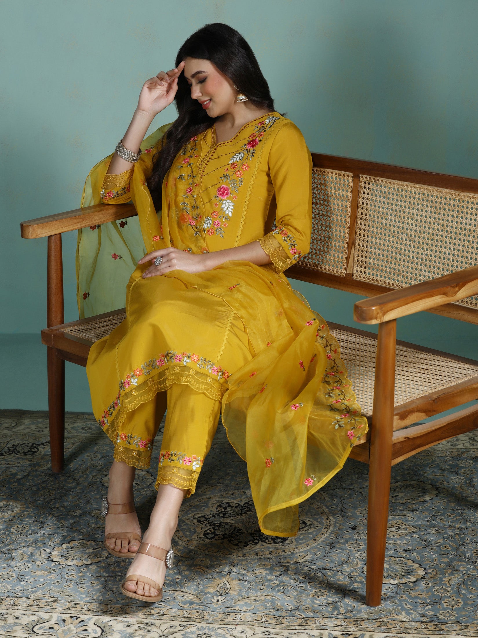 Women Silk Blend Mustard Embroidered Kurta Comfort Pant Dupatta