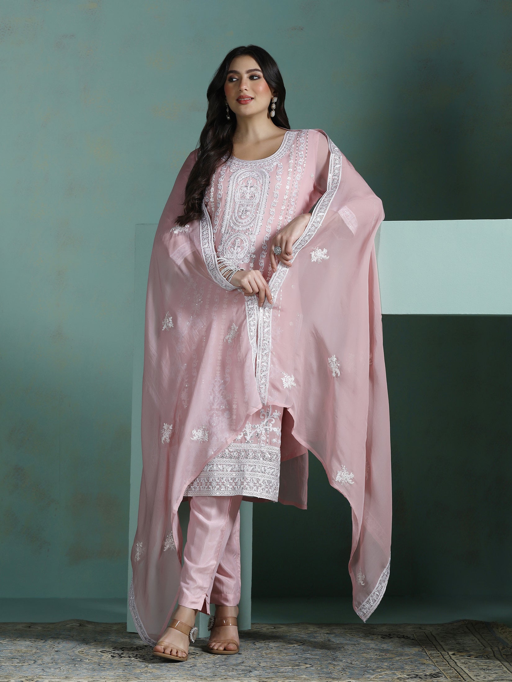 Women Organza Pink Embroidered Kurta Comfort Pant Dupatta