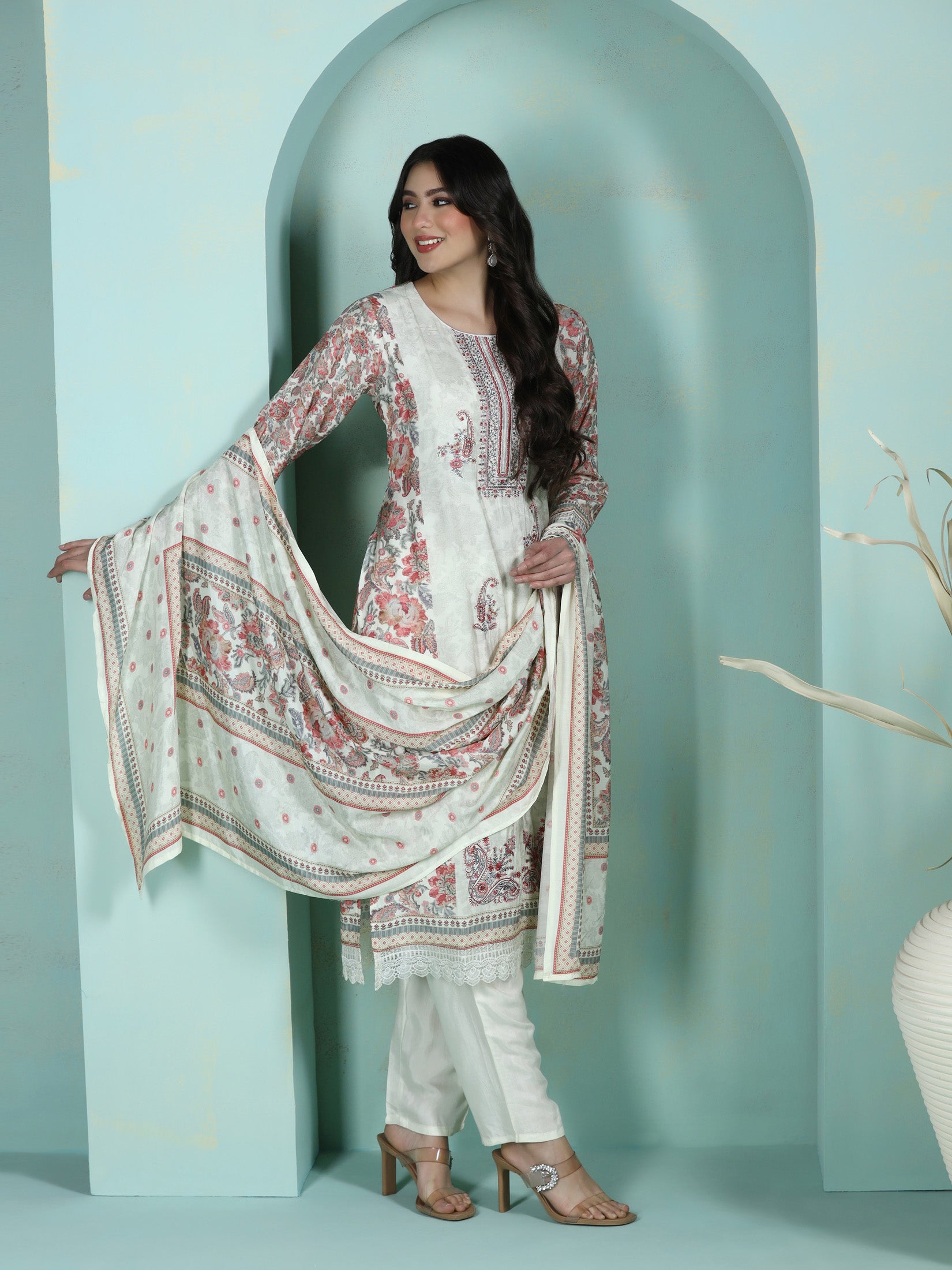 Women Muslin Multicolor Embroidered Kurta Comfort Pant Dupatta