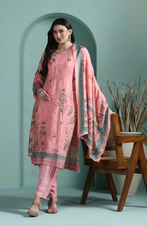 Women Muslin Pink Embroidered Kurta Comfort Pant Dupatta