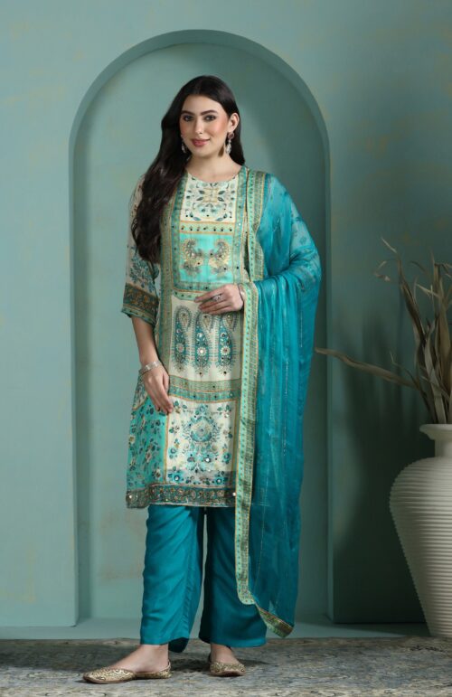 Women Georgette Cream Printed Kurta Comfort Pant Dupatta