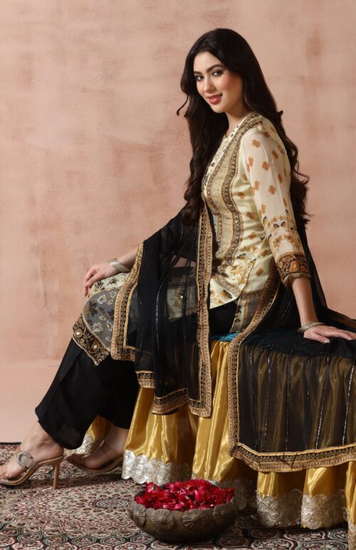 Women Georgette Beige Printed Kurta With Comfort Pant Dupatta